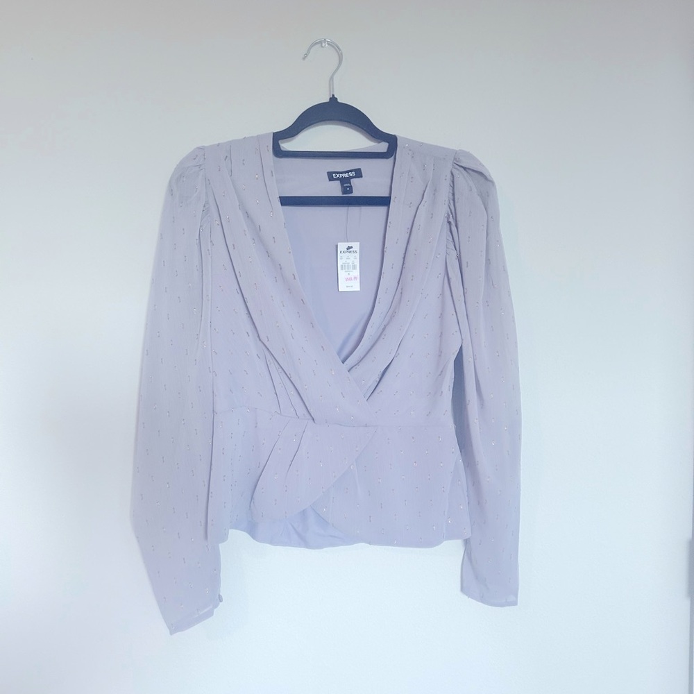 Express Peplum Wrap Chiffon Purple Gold Specks Lavender Boho Bohemian NEW Top M